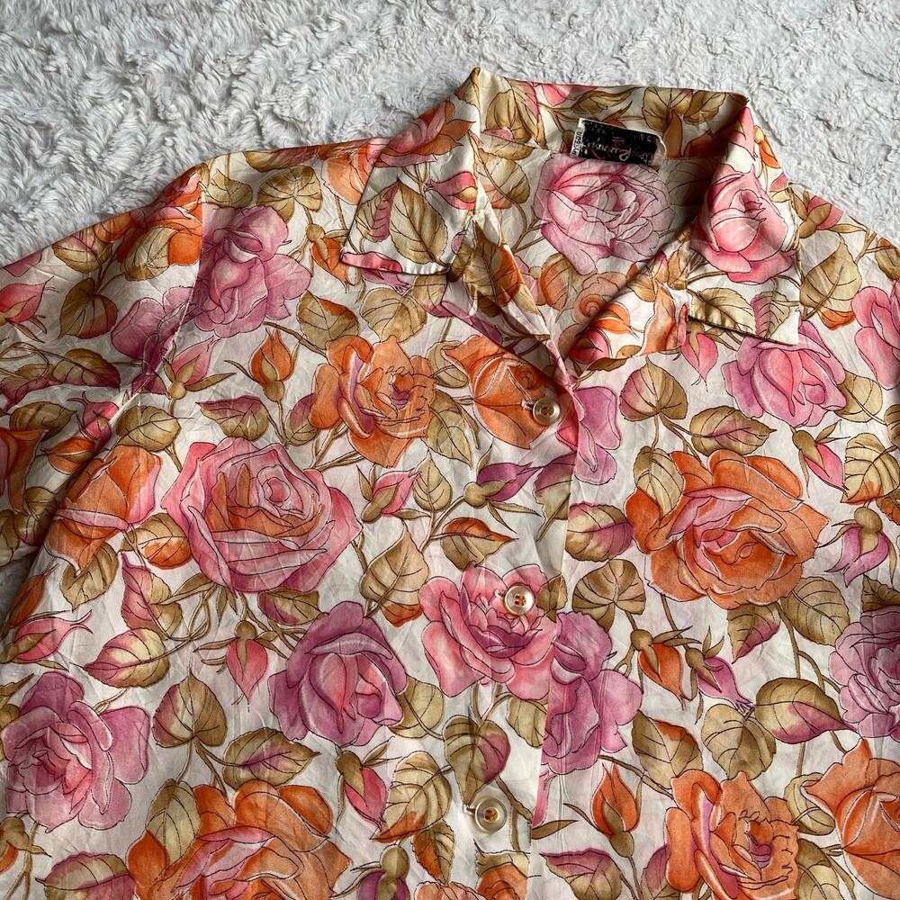 Vintage 70s pink roses print floral 1/2 sleeve‎ blouse button-down top rose L - Picture 6 of 17